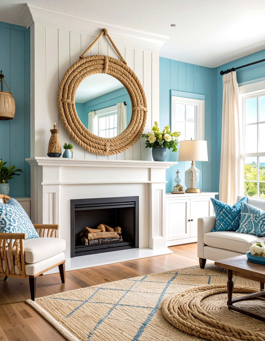 Rope Wrapped Coastal Mirror Over Fireplace - 20 Mirror Over Fireplace Ideas