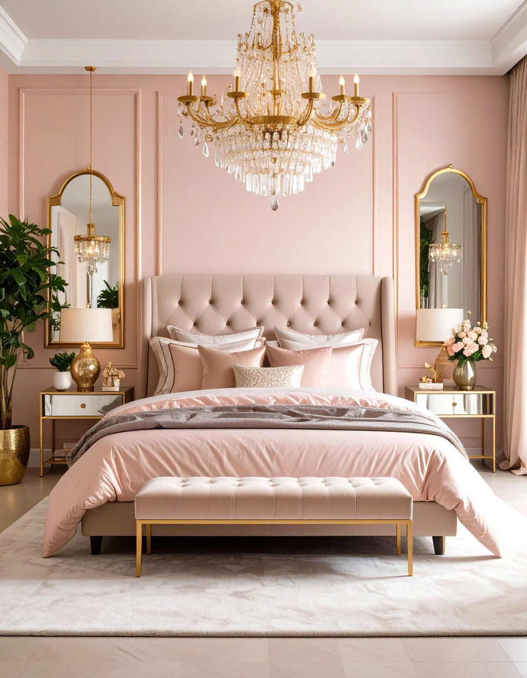 Rose Gold Pink Boho Bedroom with Glamorous Metallic Touches - 20 Pink Boho Bedroom Ideas
