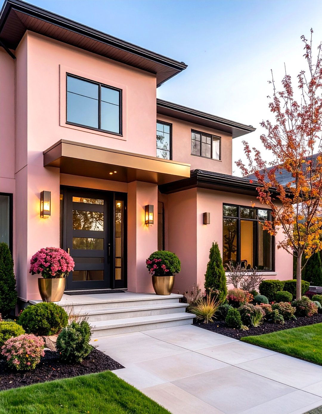 Rose Gold Pink House Exterior with Bronze Accents - 20 Pink House Exterior Ideas