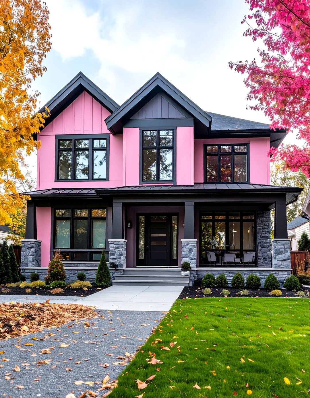 Rose Pink House Exterior with Charcoal Gray Details - 20 Pink House Exterior Ideas