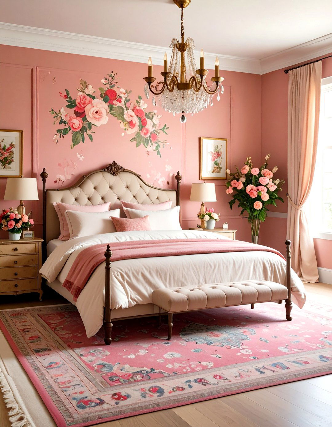 Rose Red Bedroom with Vintage Floral Charm - 20 Red Bedroom Ideas