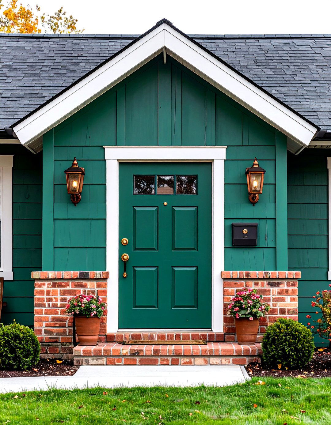 Rosemary with Copper Tone Lighting - 20 Dark Green Exterior Paint Color Schemes