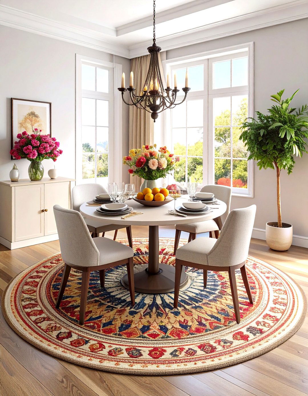 Round Dining Room Rug Echoes Circular Table - 20 Dining Room Rug Ideas