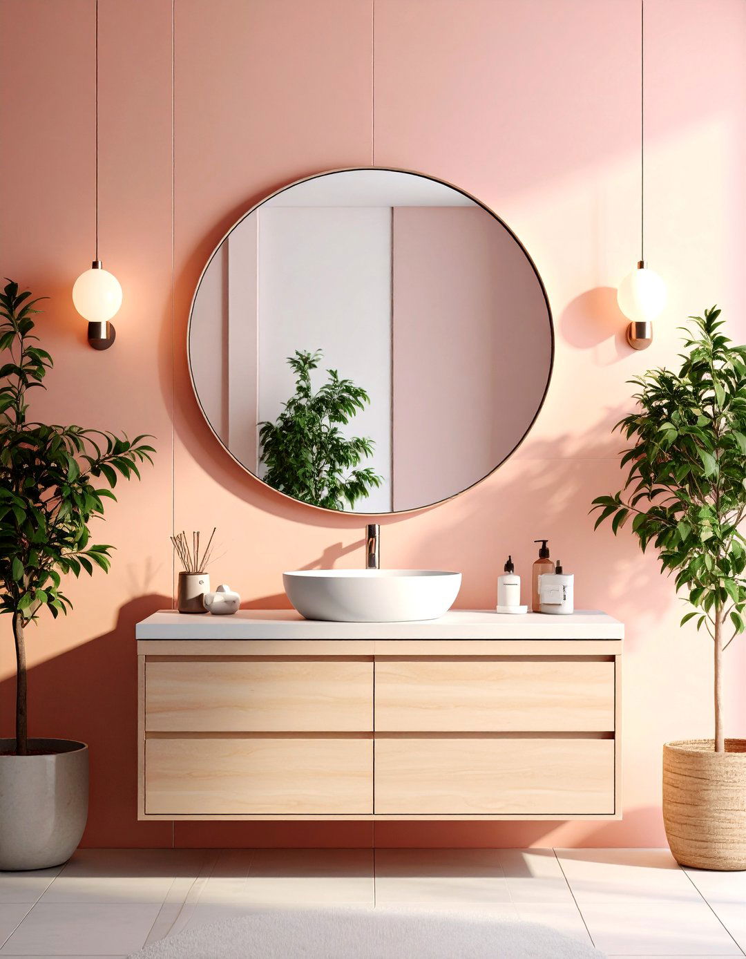 Round Frameless Bathroom Mirror Softens Hard Lines - 20 Bathroom Mirror Ideas