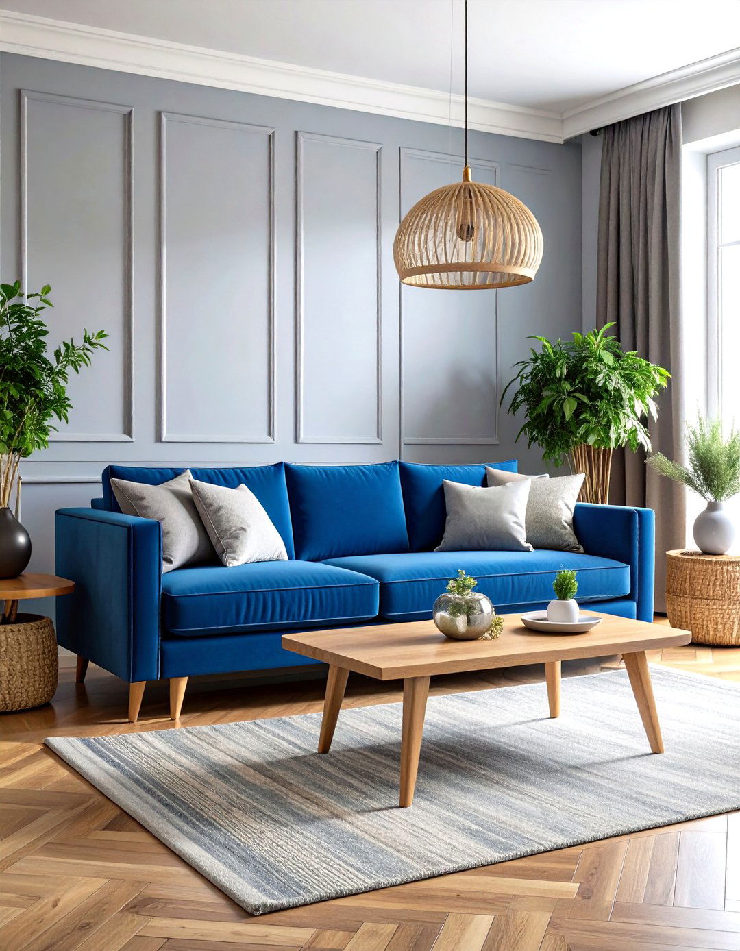 Royal Blue Couch Living Room with Natural Wood Elements - 20 Blue Couch Living Room Ideas