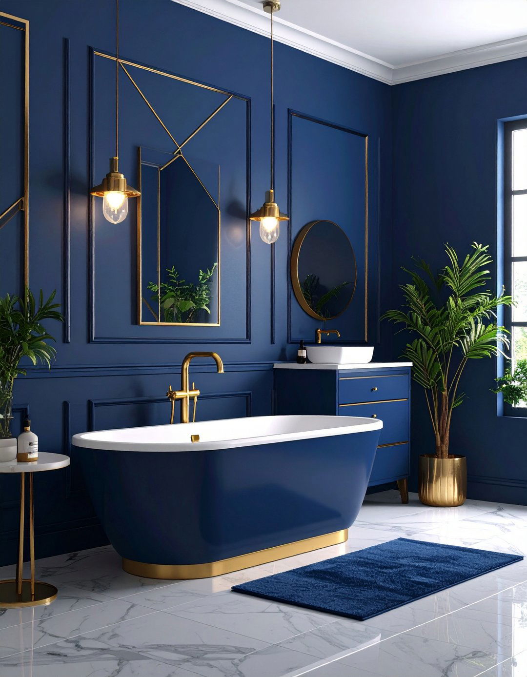 Royal Blue Wallpaper with Gold Leaf Patterns - 20 Blue and Gold Bathroom Ideas