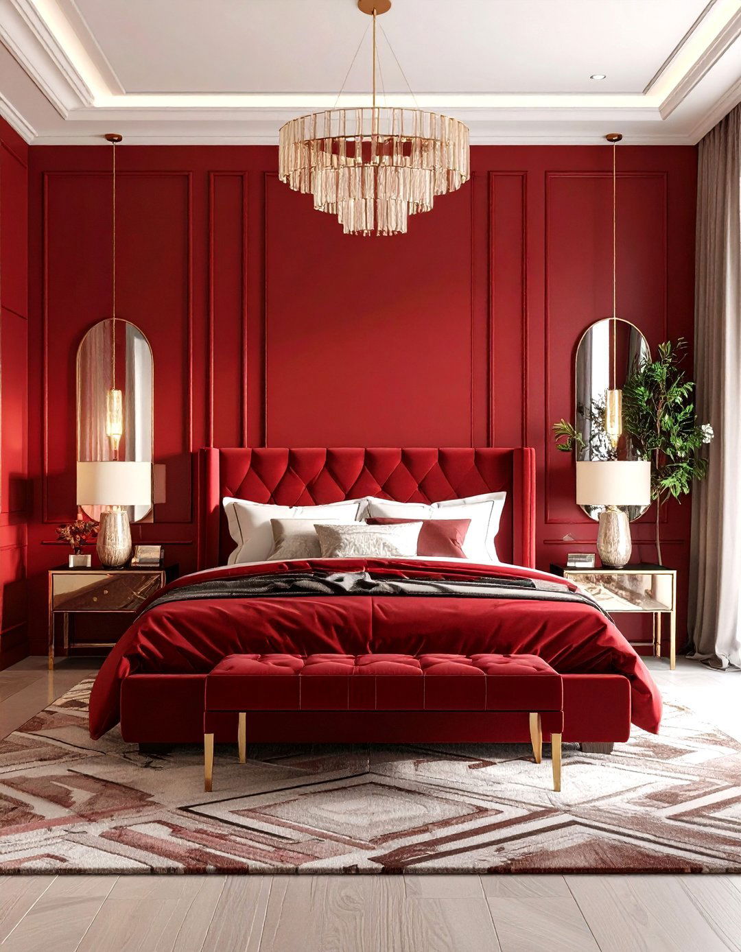 Ruby Red Bedroom with Art Deco Glamour - 20 Red Bedroom Ideas