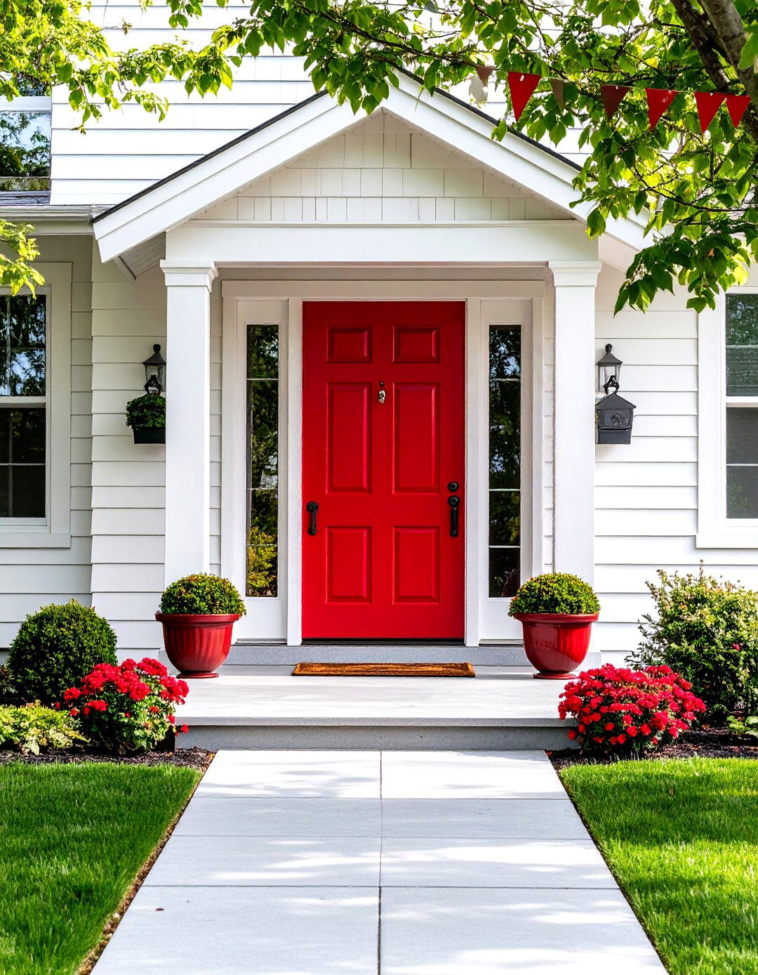Ruby Red Door on an Otherwise Neutral House Exterior - 20 Dark Red House Exterior Ideas