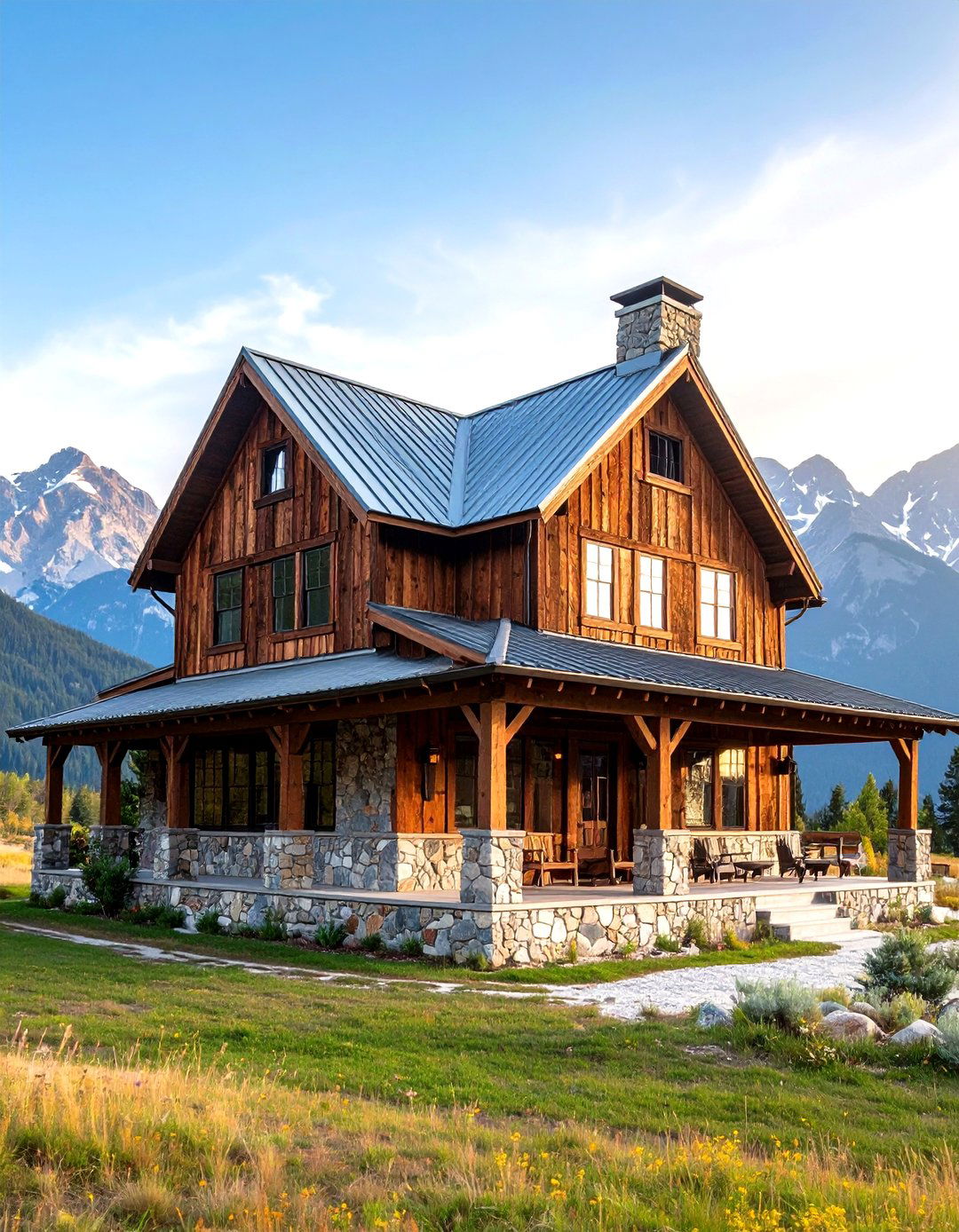 Rustic Barndominium Exterior with Stone and Timber - 20 Pole Barn and Barndominium House Exteriors