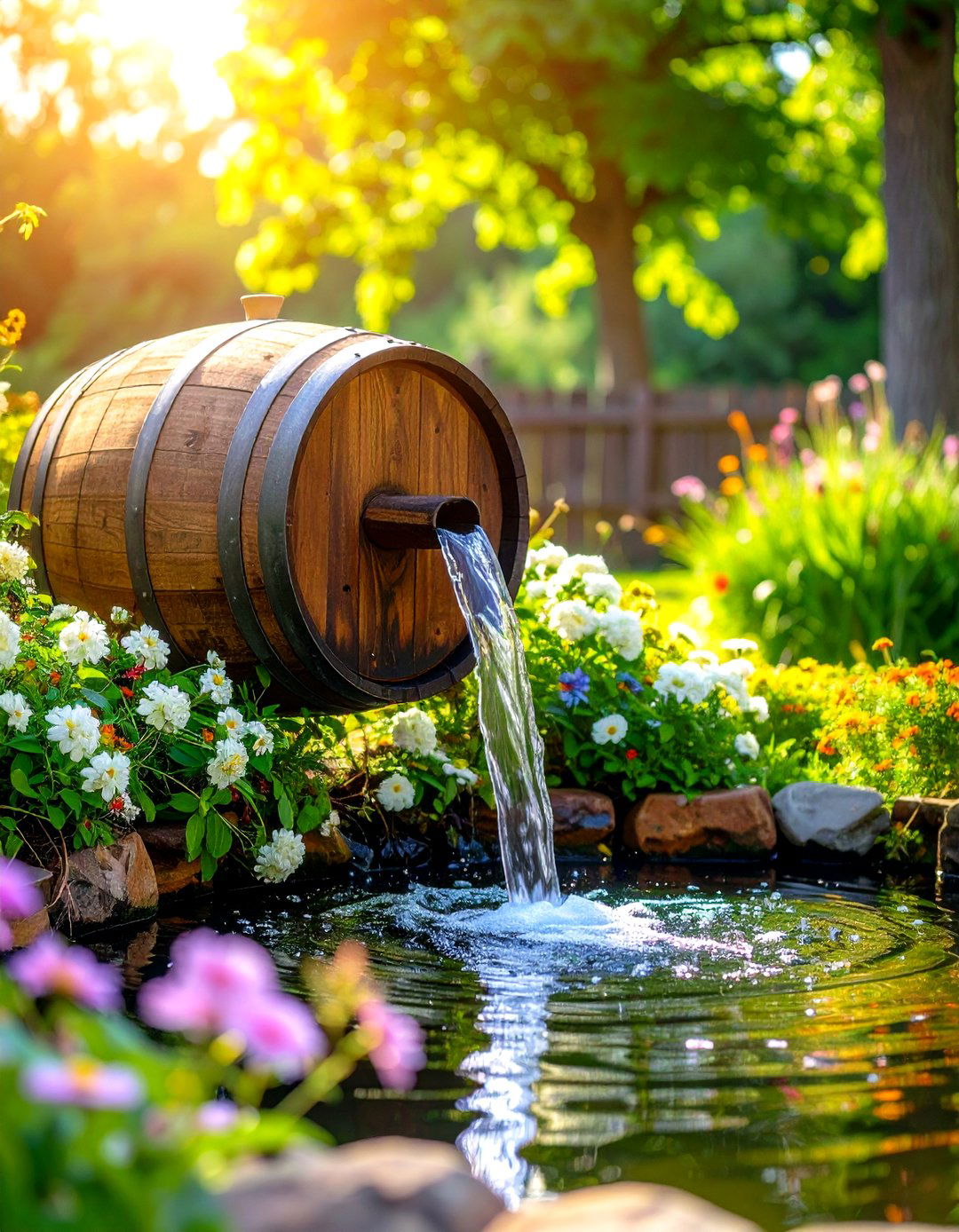 Rustic Barrel Pond with Spout Falls - 20 Small Pond Ideas With Waterfalls