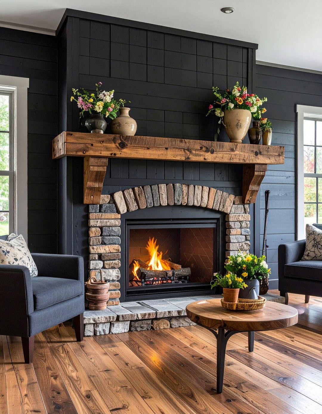Rustic Beam Mantel on a Black Shiplap Fireplace - 20 Black Shiplap Fireplace Ideas