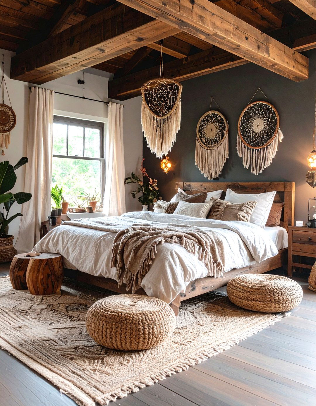 Rustic Beams and Dreamcatchers Crown the Bedroom - 20 Dark Boho Bedroom Ideas