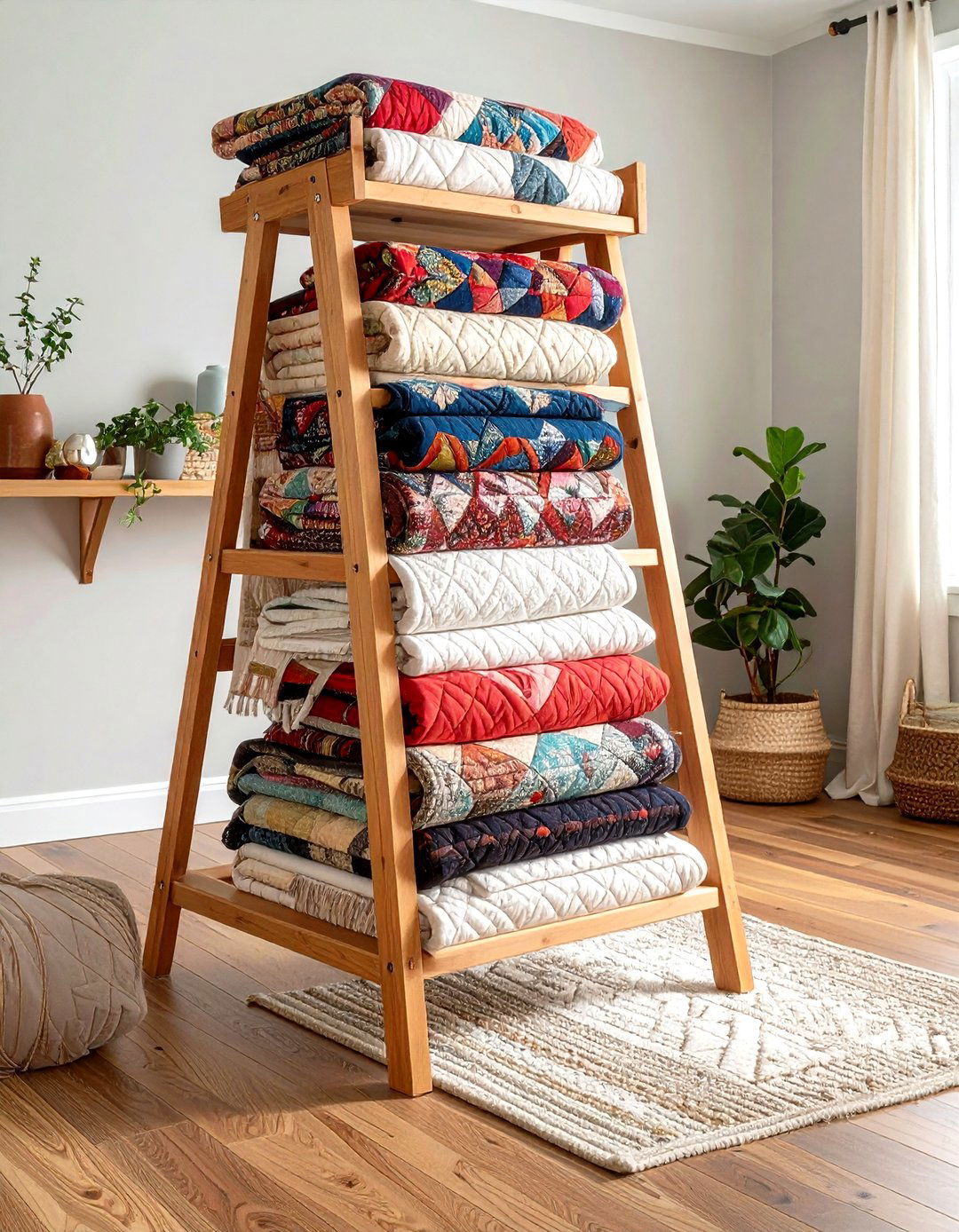 Rustic Blanket Ladder Racks Elevate Everyday Linens - 20 Farmhouse Decor Ideas