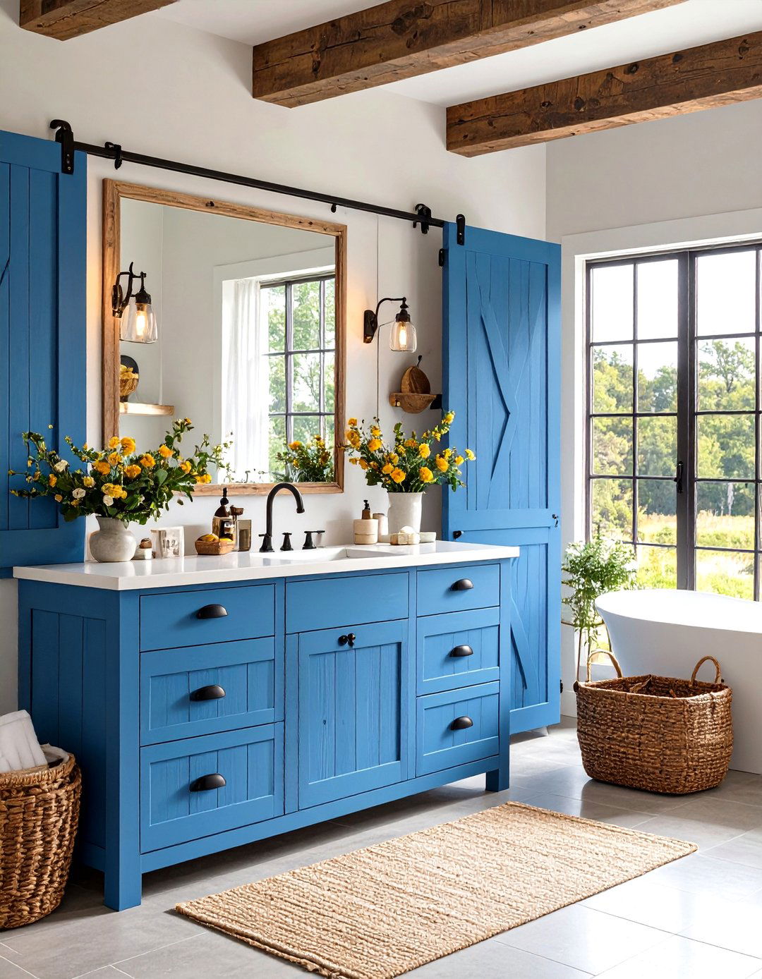 Rustic Blue Bathroom Vanity with Barn Door Storage - 20 Blue Bathroom Vanity Ideas