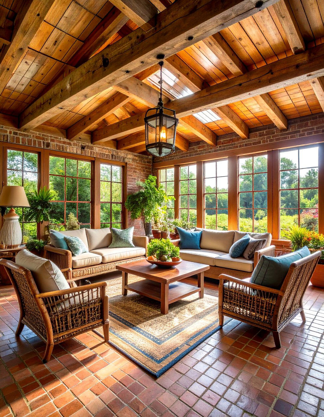 Rustic Brick Floor Sunroom with Natural Elements - 20 Brick Floor Sunroom Ideas