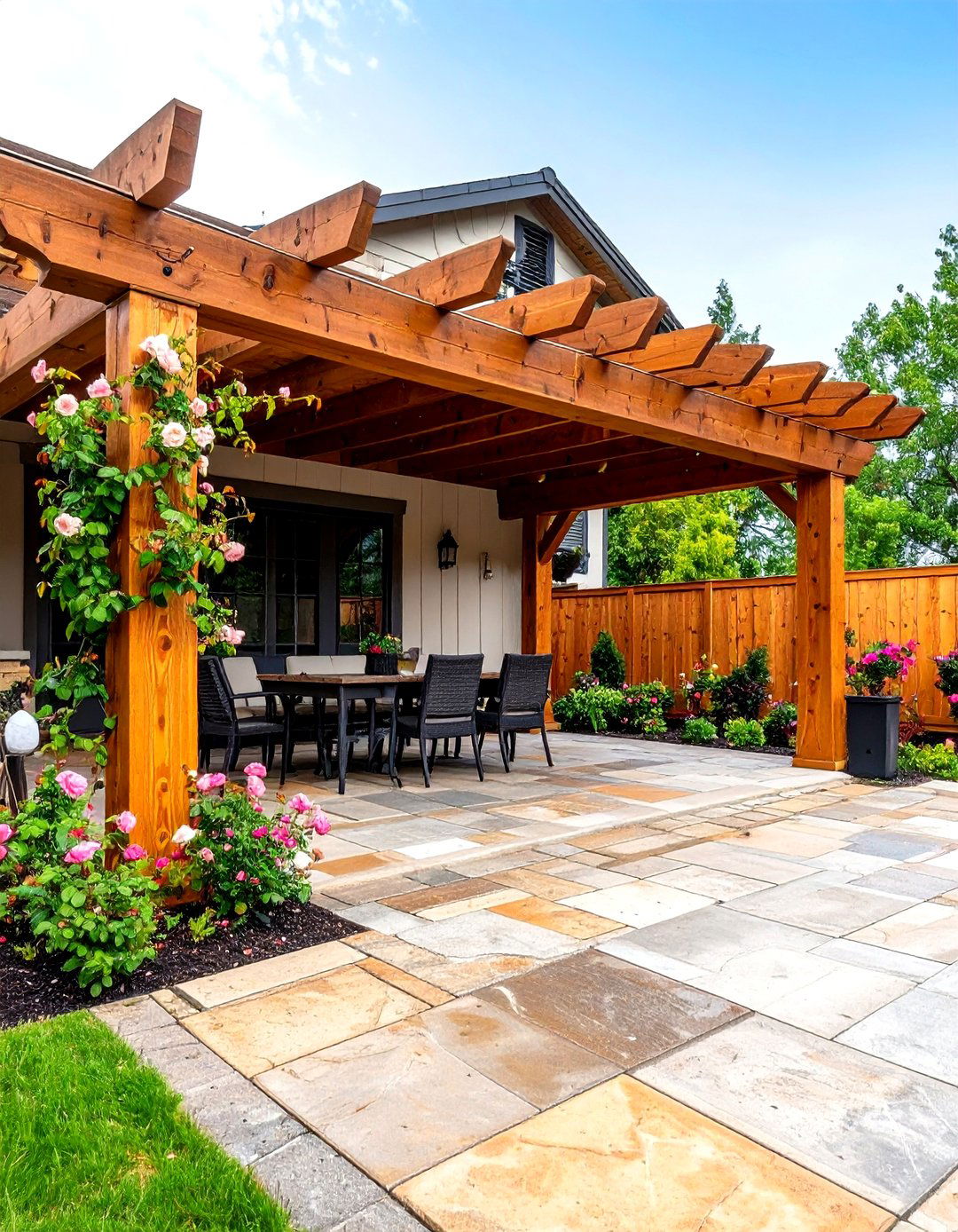 Rustic Cedar Patio Pergola with Climbing Vines - 20 Patio Pergola Ideas