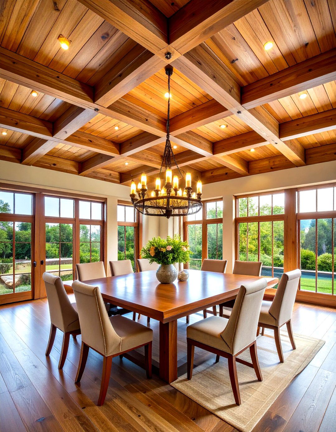Rustic Ceiling with Natural Wood Coffered Design - 20 Rustic Ceiling Ideas