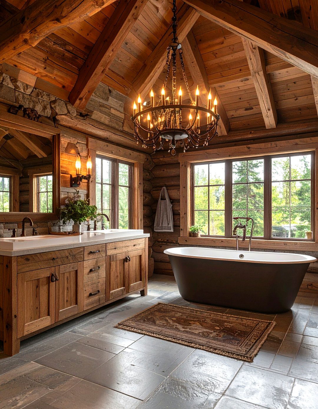 Rustic Chandelier Log Cabin Bathroom - 20 Log Cabin Bathroom Ideas