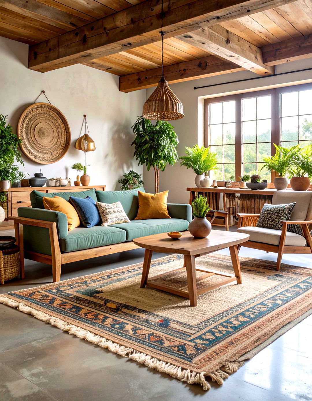 Rustic Concrete Floor Living Room with Exposed Wooden Beams - 20 Rustic Concrete Floor Living Room Ideas