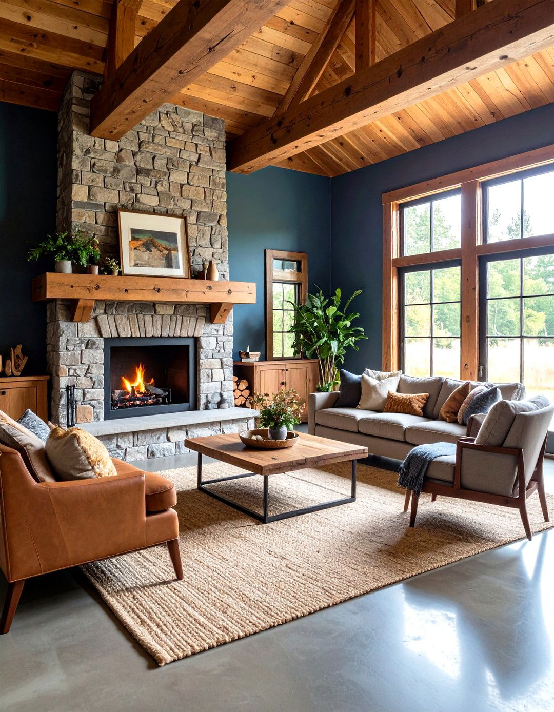 Rustic Concrete Floor Living Room with Fireplace Focus - 20 Rustic Concrete Floor Living Room Ideas