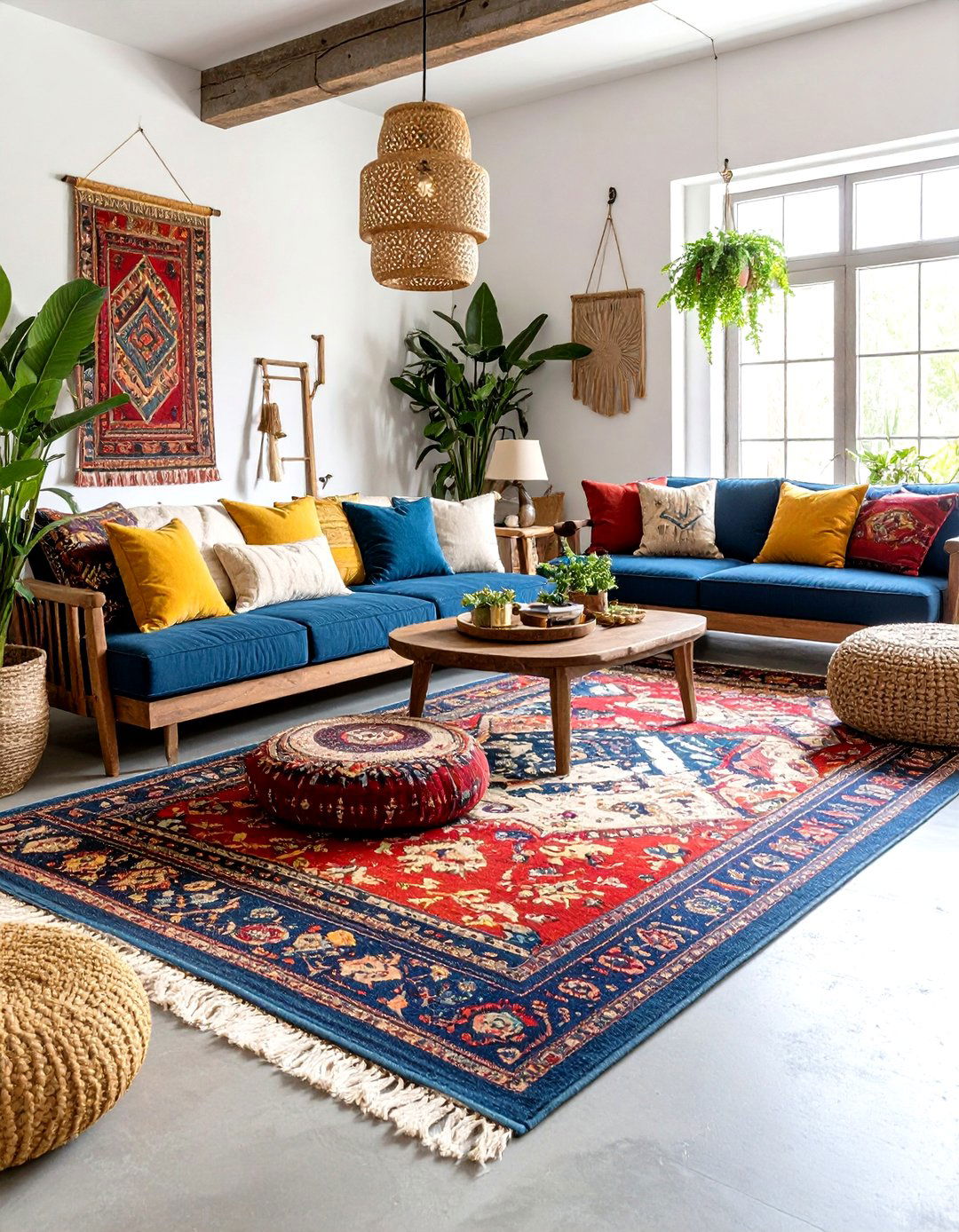 Rustic Concrete Floor Living Room with Layered Rugs - 20 Rustic Concrete Floor Living Room Ideas