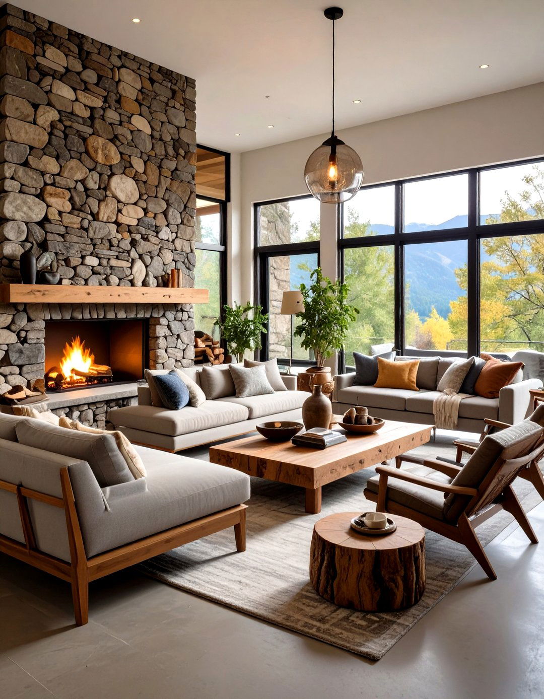 Rustic Concrete Floor Living Room with Natural Stone Features - 20 Rustic Concrete Floor Living Room Ideas