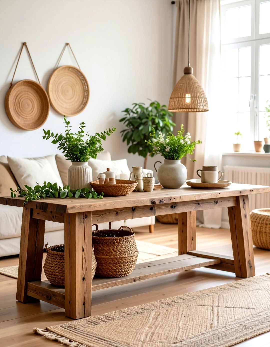 Rustic Console Table with Natural Wood and Woven Elements - 20 Console Table Decor Ideas