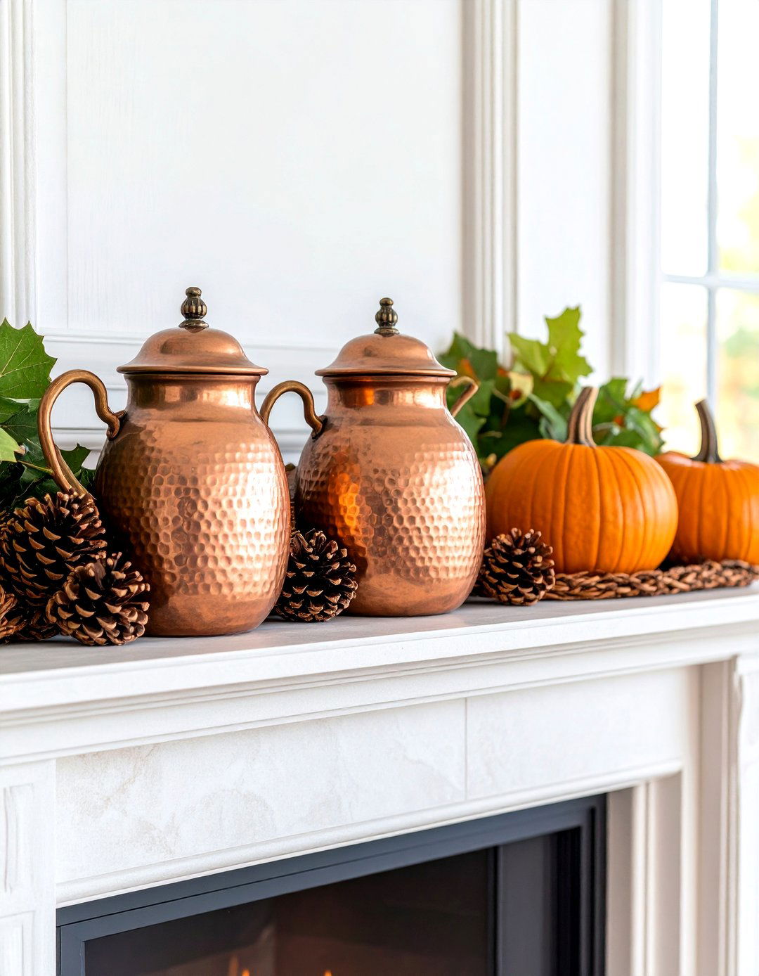 Rustic Copper and Pinecone Mantel - 20 Fall Mantel Decor Ideas