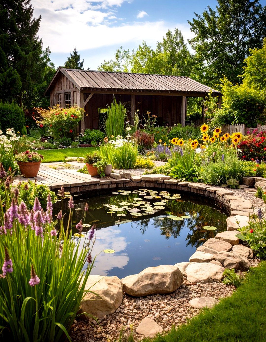 Rustic Country Pond Landscaping with Reclaimed Materials - 20 Pond Landscaping Ideas