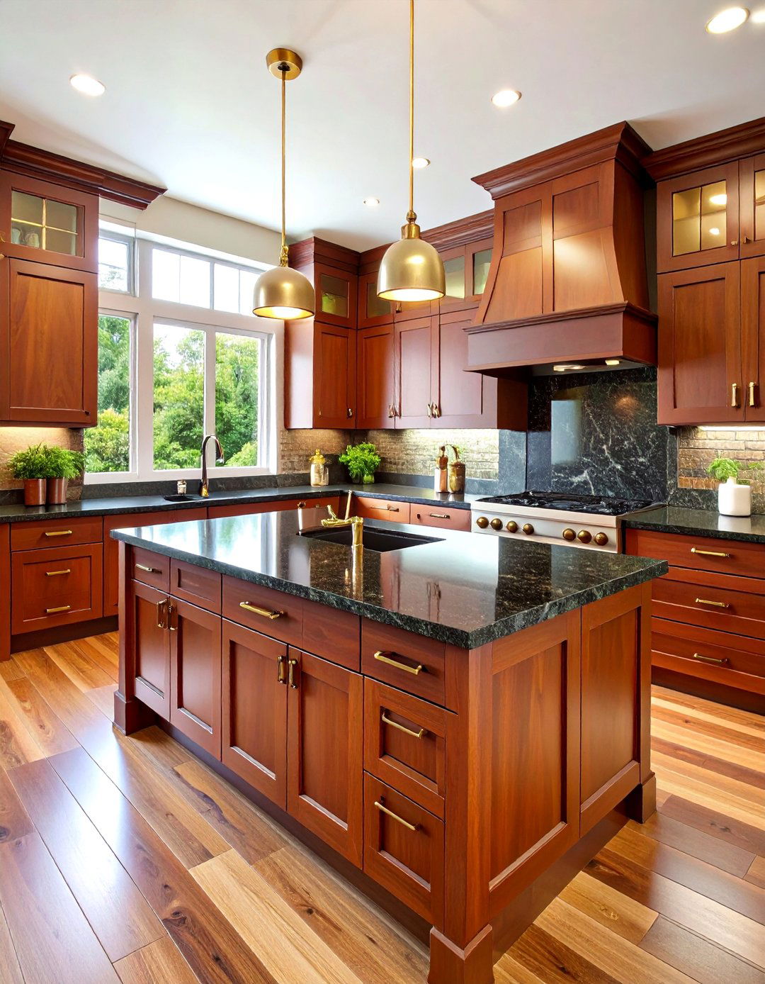 Rustic Farmhouse Kitchen with Dark Brown Cabinets and Black Granite Island - 20 kitchen with brown cabinets and black countertops ideas