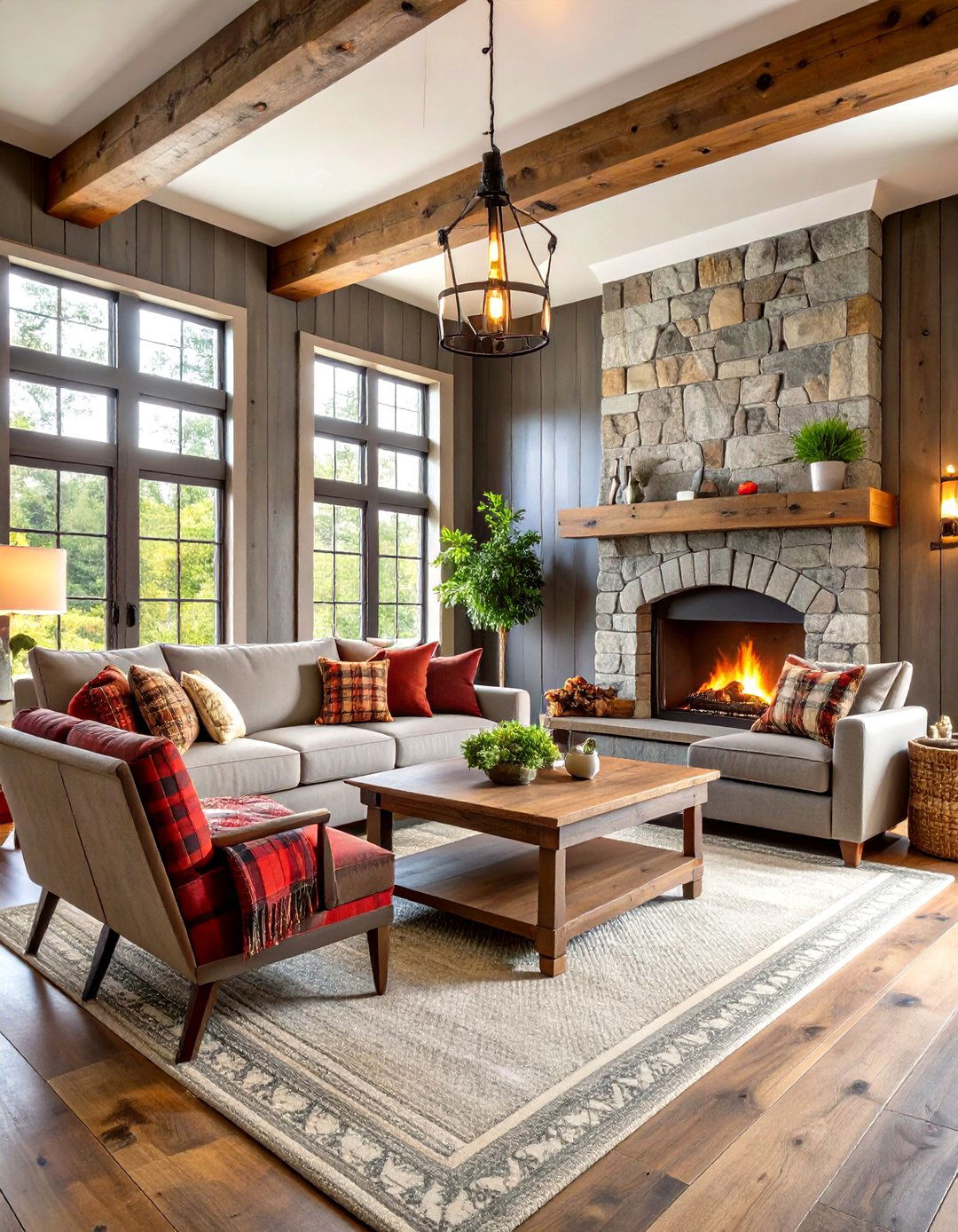 Rustic Farmhouse Red and Grey Living Room with Reclaimed Materials - 20 Red and Grey Living Room Ideas