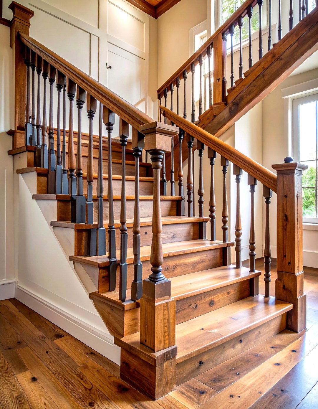 Rustic Farmhouse Wood Stair Railing with Metal Accents - 20 Wood Stair Railing Ideas