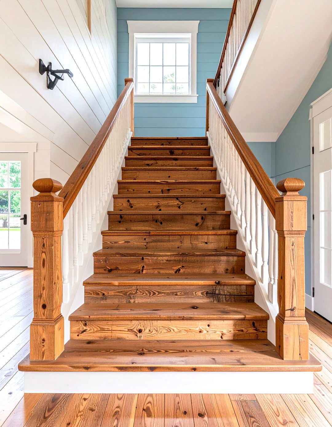 Rustic Farmhouse Wooden Staircase with Shiplap Walls - 20 Wooden Staircase Ideas