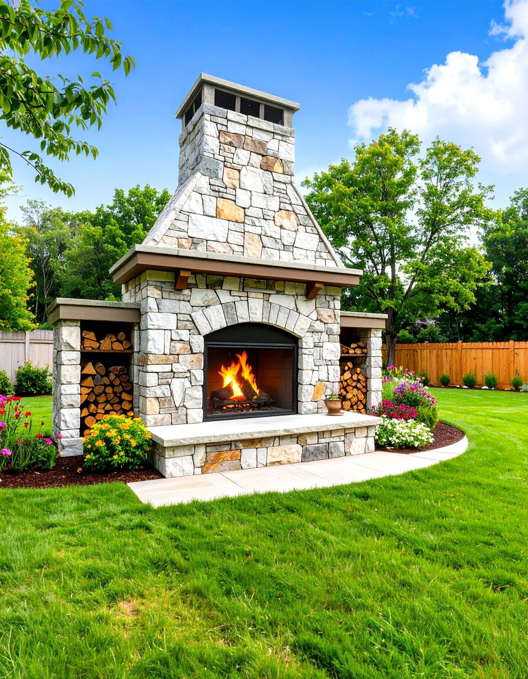 Rustic Fieldstone Outdoor Fireplace with Log Storage - 20 Rustic Outdoor Fireplace Ideas