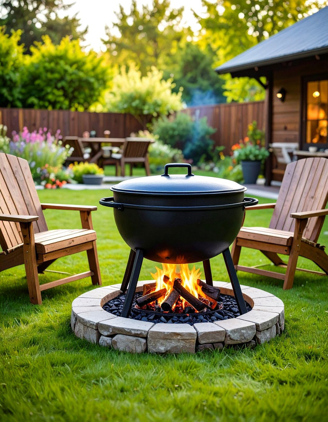 Rustic Fire Pit with Cast Iron Cauldron Design - 20 Rustic Fire Pit Ideas