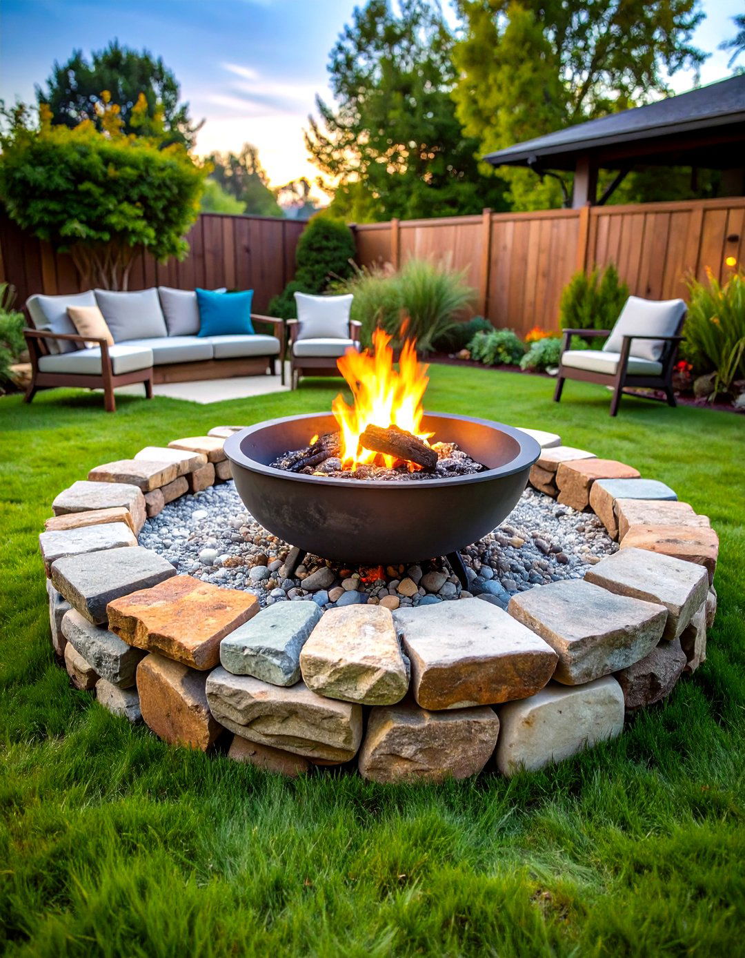 Rustic Fire Pit with Natural Fieldstone Circle - 20 Rustic Fire Pit Ideas