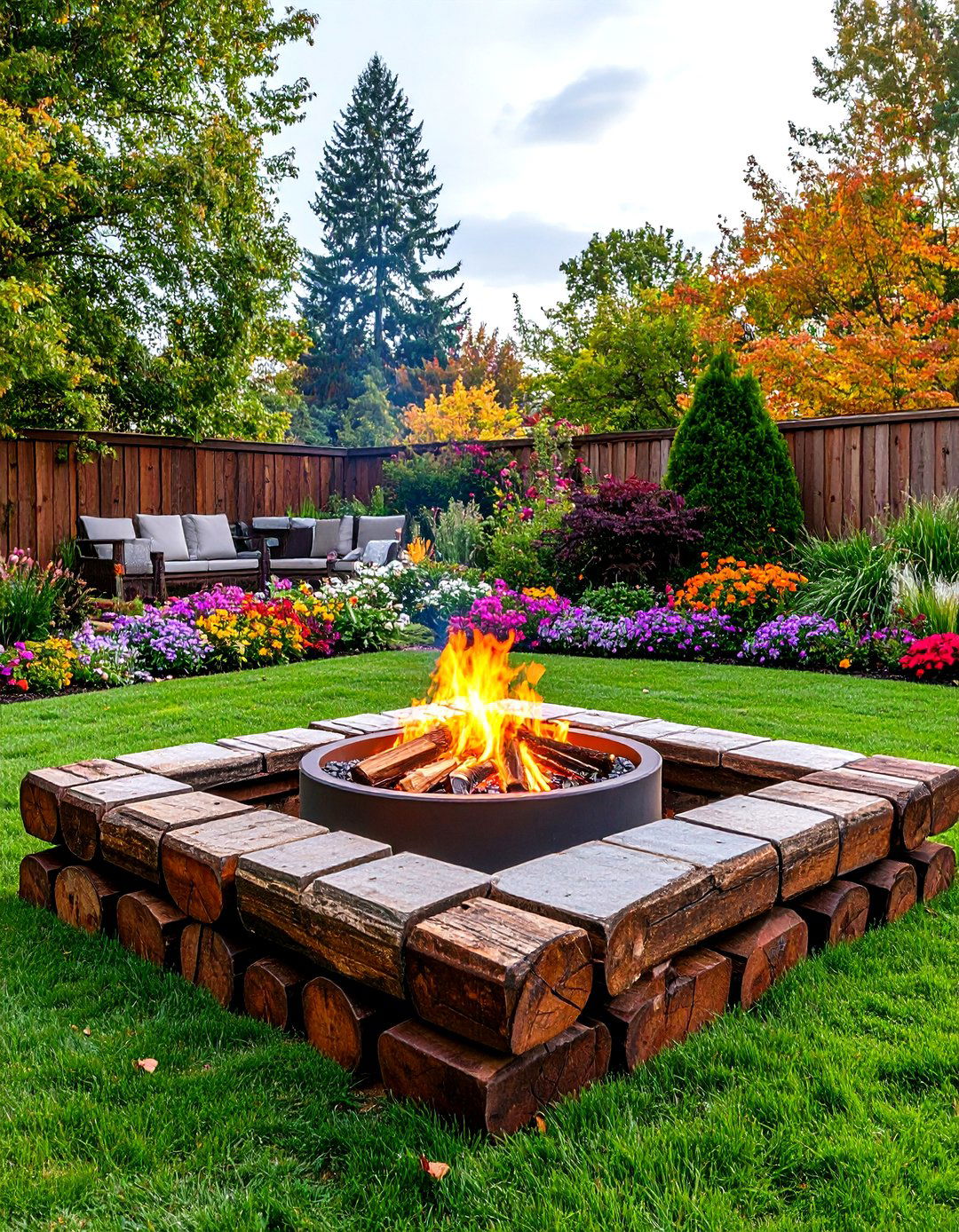 Rustic Fire Pit with Railroad Tie Framework - 20 Rustic Fire Pit Ideas
