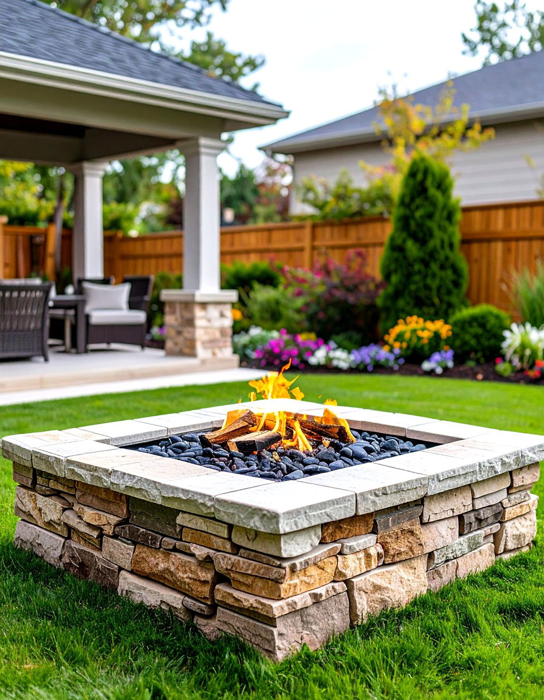 Rustic Fire Pit with Stacked Stone Construction - 20 Rustic Fire Pit Ideas