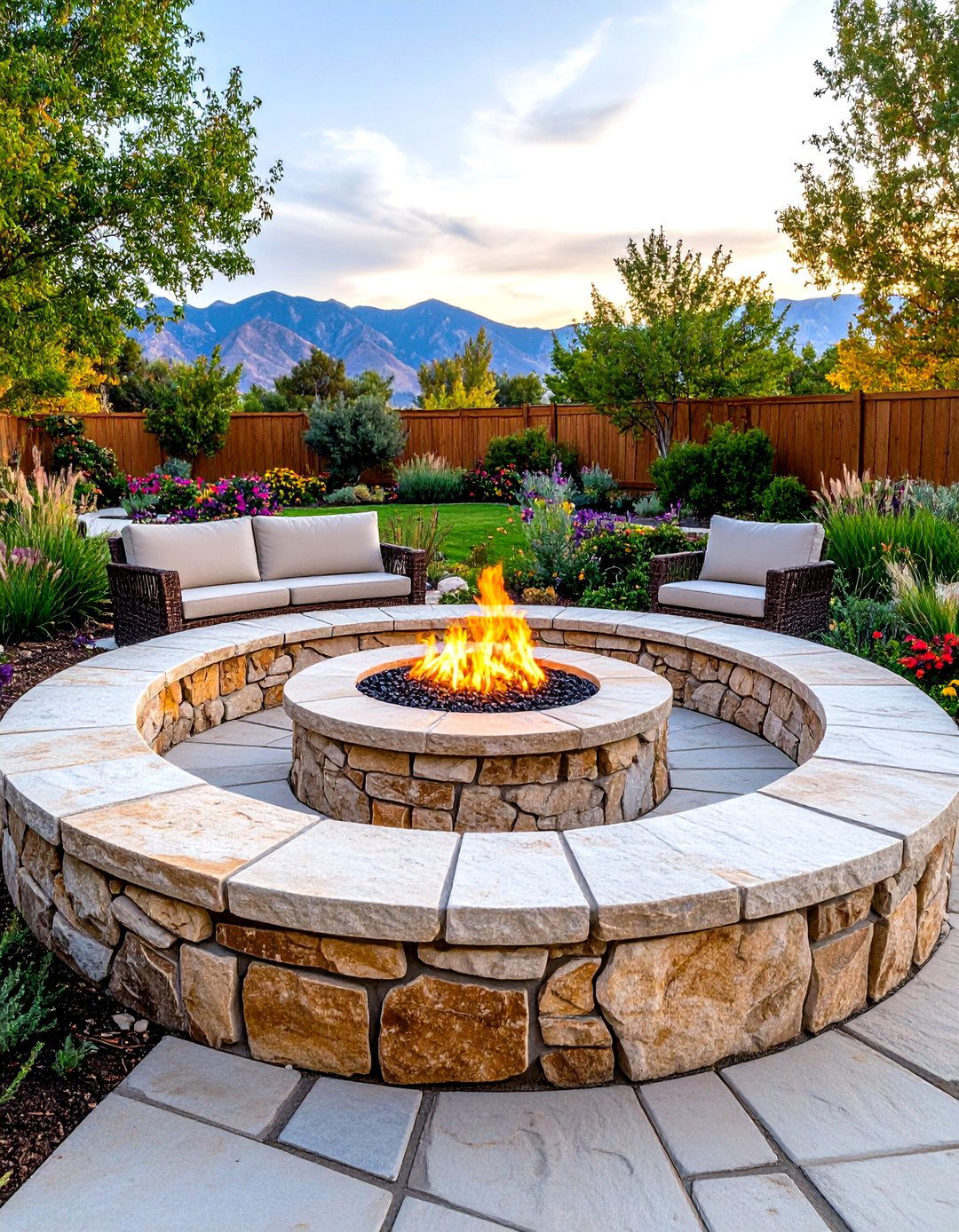 Rustic Fire Pit with Stone Bench Seating - 20 Rustic Fire Pit Ideas