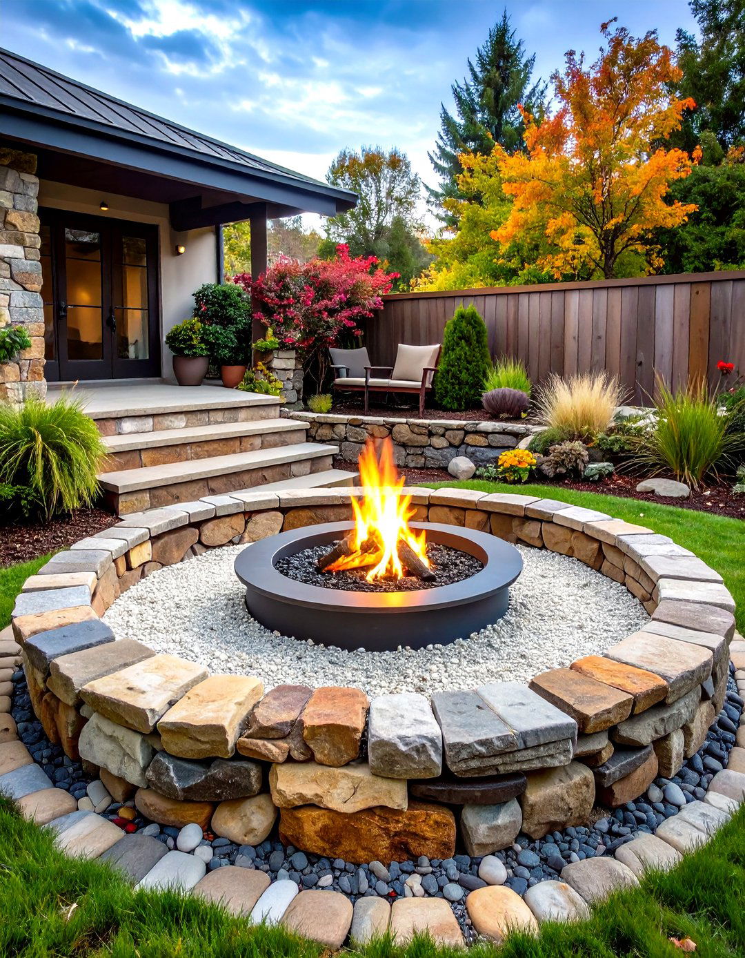 Rustic Fire Pit with Sunken Gravel Design - 20 Rustic Fire Pit Ideas