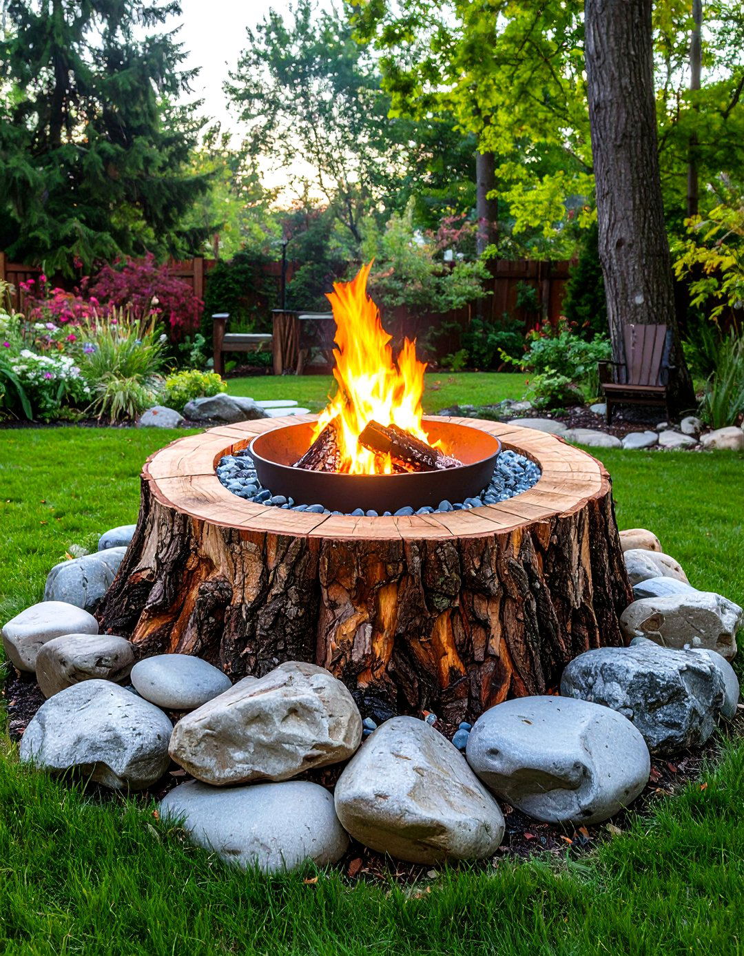 Rustic Fire Pit with Tree Stump Integration - 20 Rustic Fire Pit Ideas