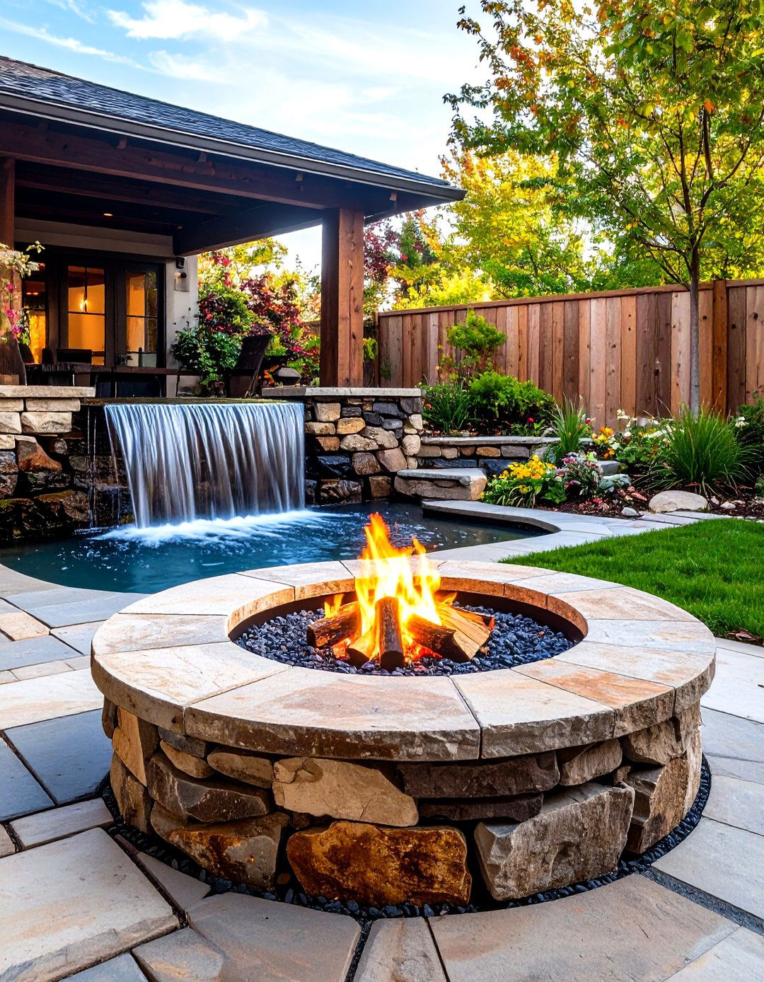 Rustic Fire Pit with Water Feature Integration - 20 Rustic Fire Pit Ideas