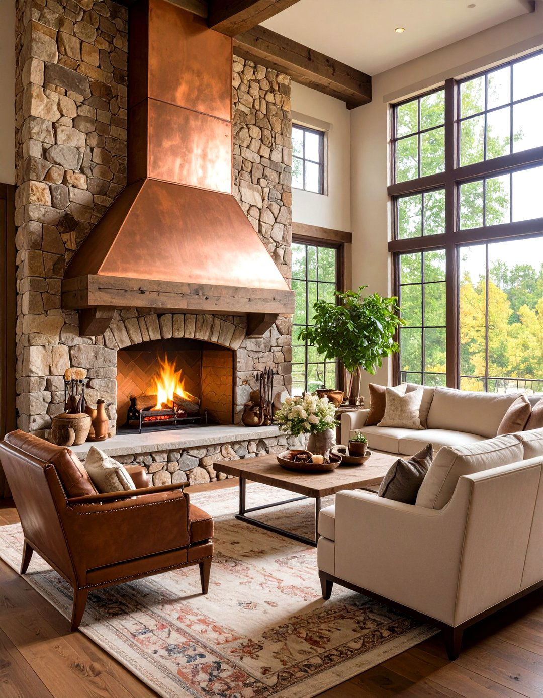 Rustic Fireplace with Copper Hood and Stone Base - 20 Rustic Fireplaces