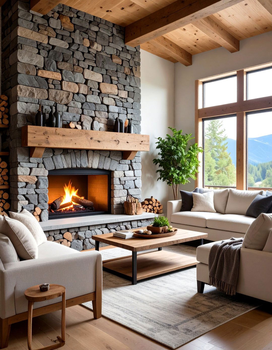 Rustic Fireplace with Integrated Log Storage Wall - 20 Rustic Fireplaces