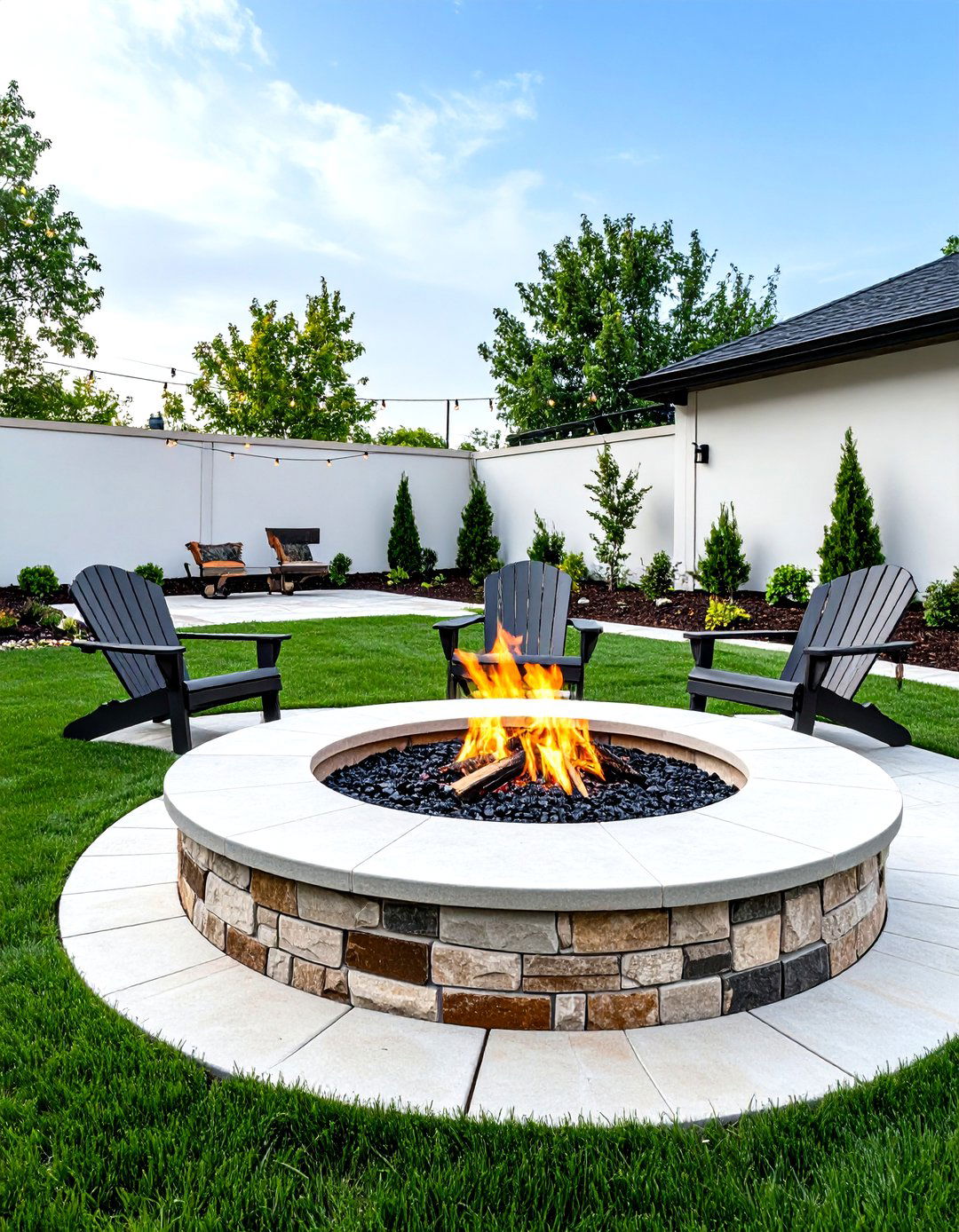 Rustic Flagstone Pattern Stamped Concrete Patio with Sunken Fire Pit - 20 stamped concrete patio with fire pit ideas
