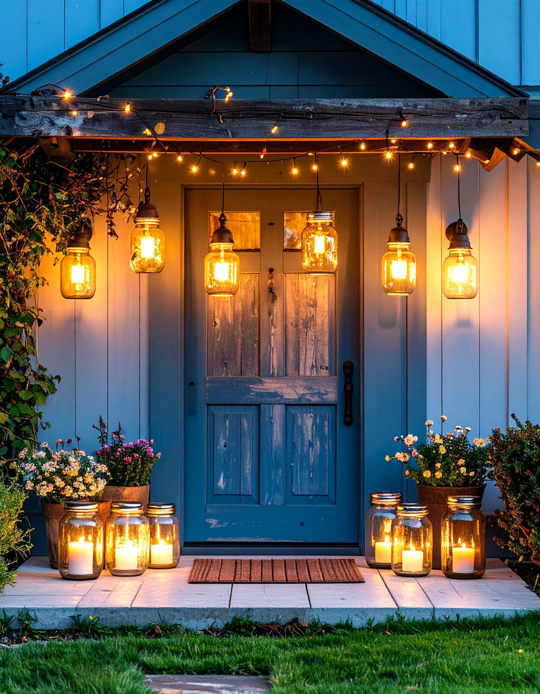 Rustic Front Door with Mason Jar Light Fixtures - 20 Rustic Front Door Ideas