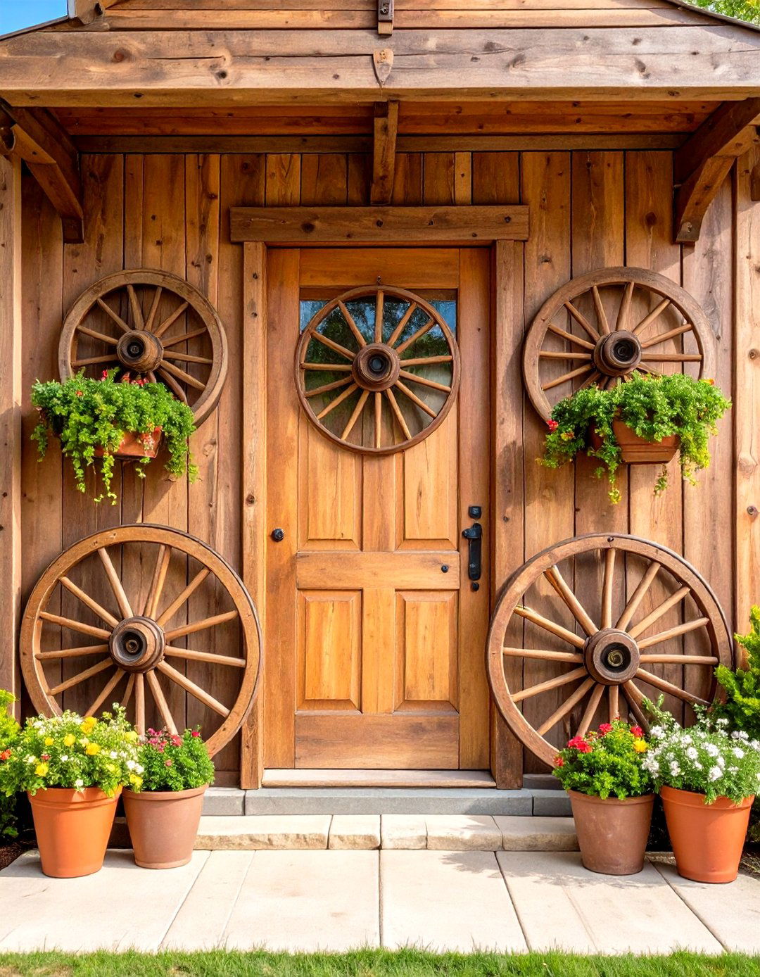 Rustic Front Door with Wagon Wheel Accents - 20 Rustic Front Door Ideas