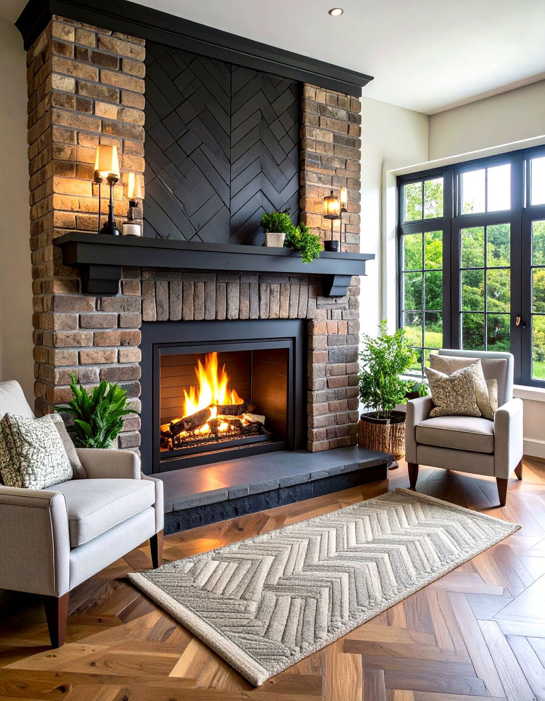 Rustic Herringbone Brick Fireplace Hearth - 20 Fireplace Hearth Ideas