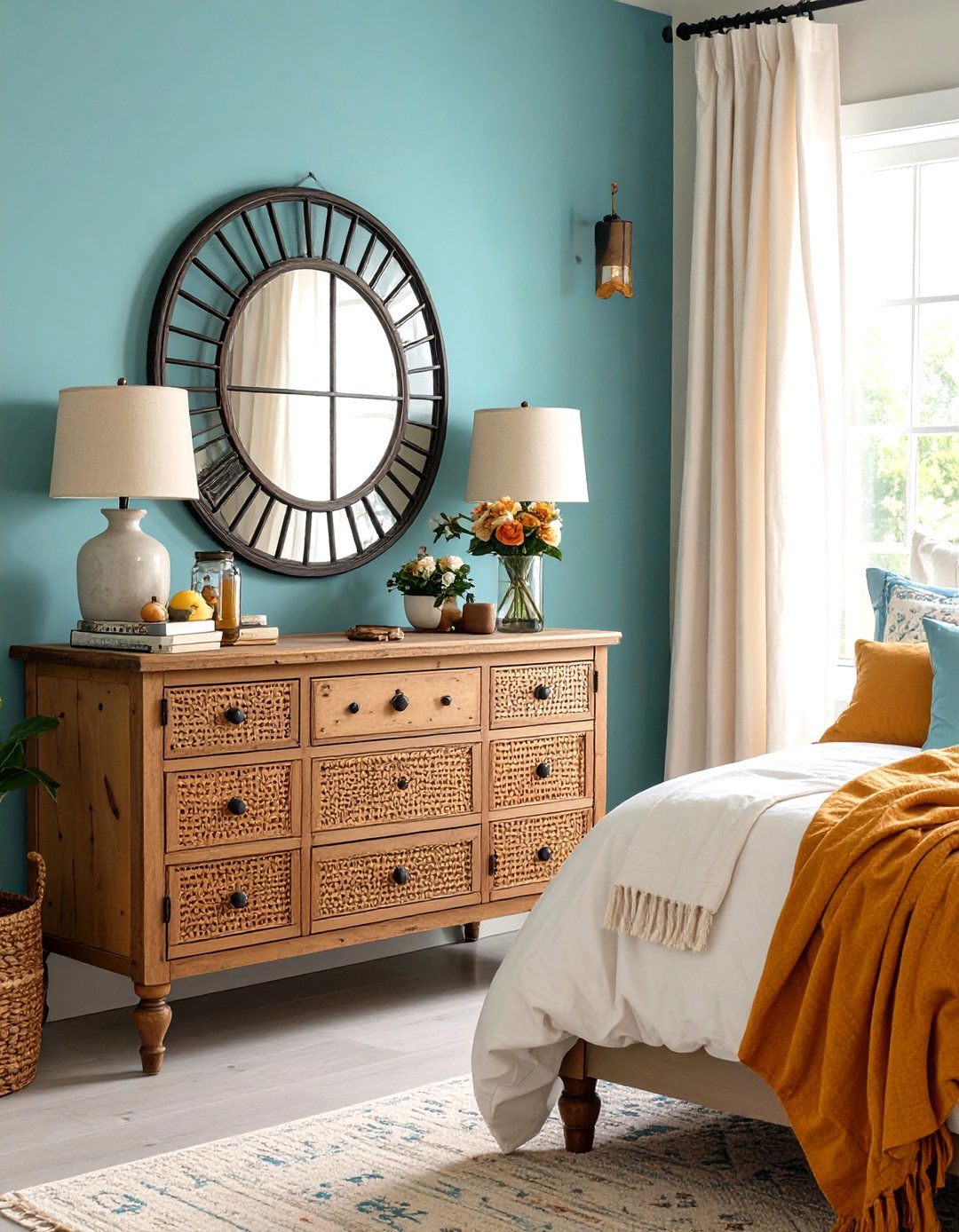 Rustic Iron Grid Mirror Behind Nightstand Concept - 20 Mirror Behind Nightstand Design Ideas