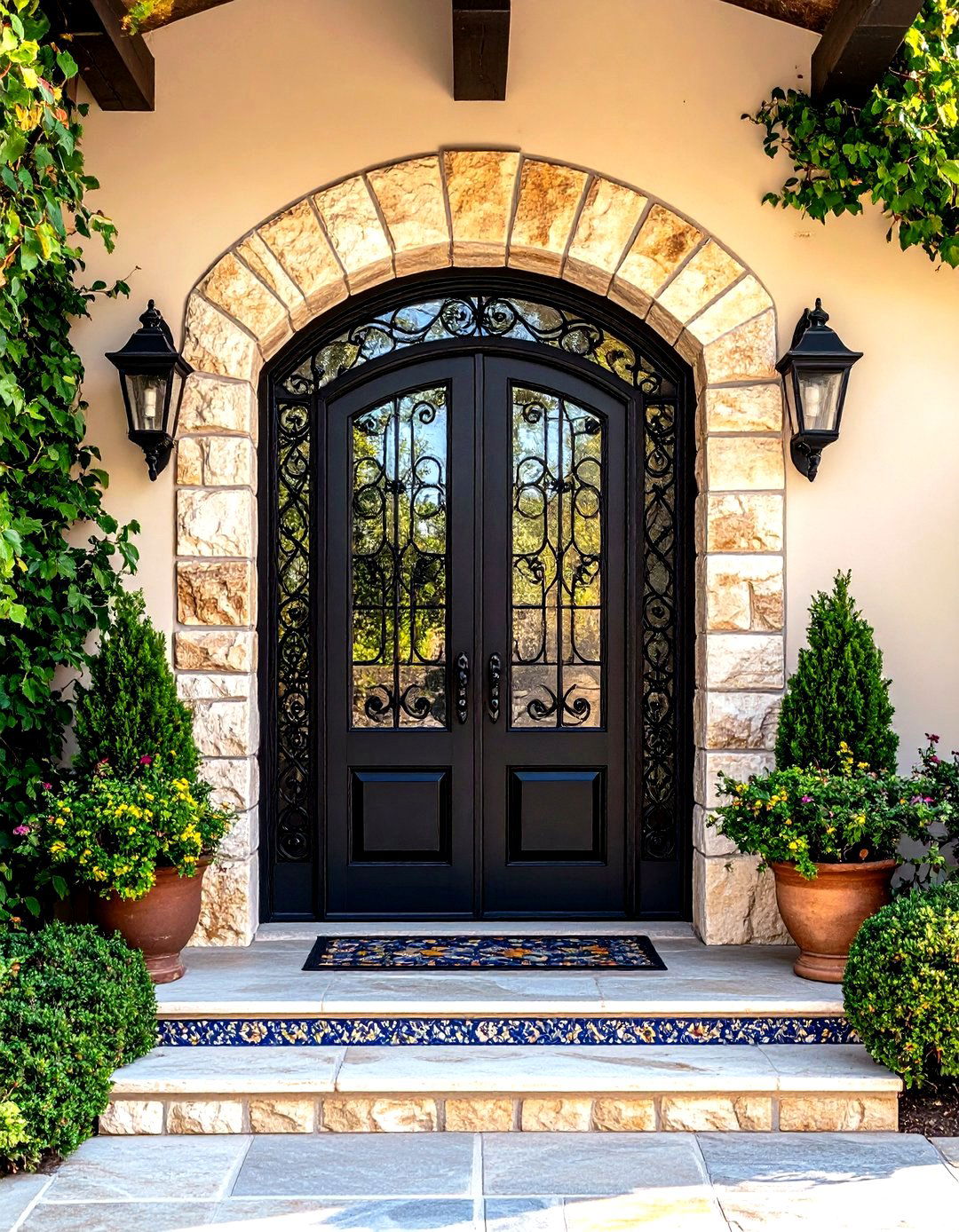 Rustic Iron Mediterranean Front Door with Stone Accents - 20 Mediterranean Front Door Ideas
